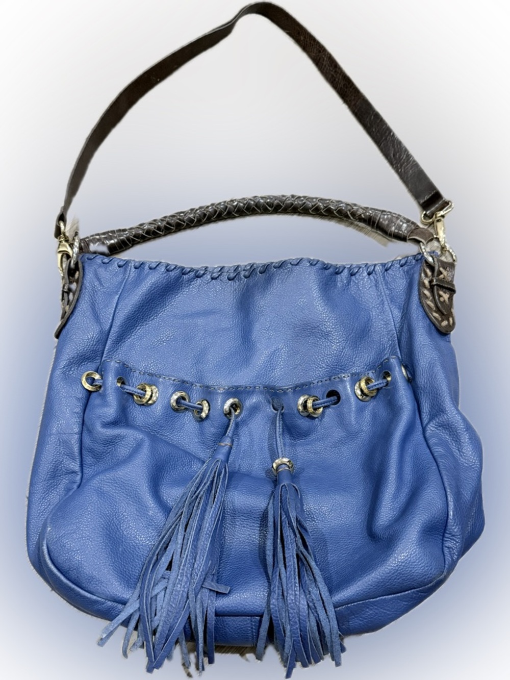 Carla Mancini Braided Handle Blue Leather Tassel Shoulder Bag